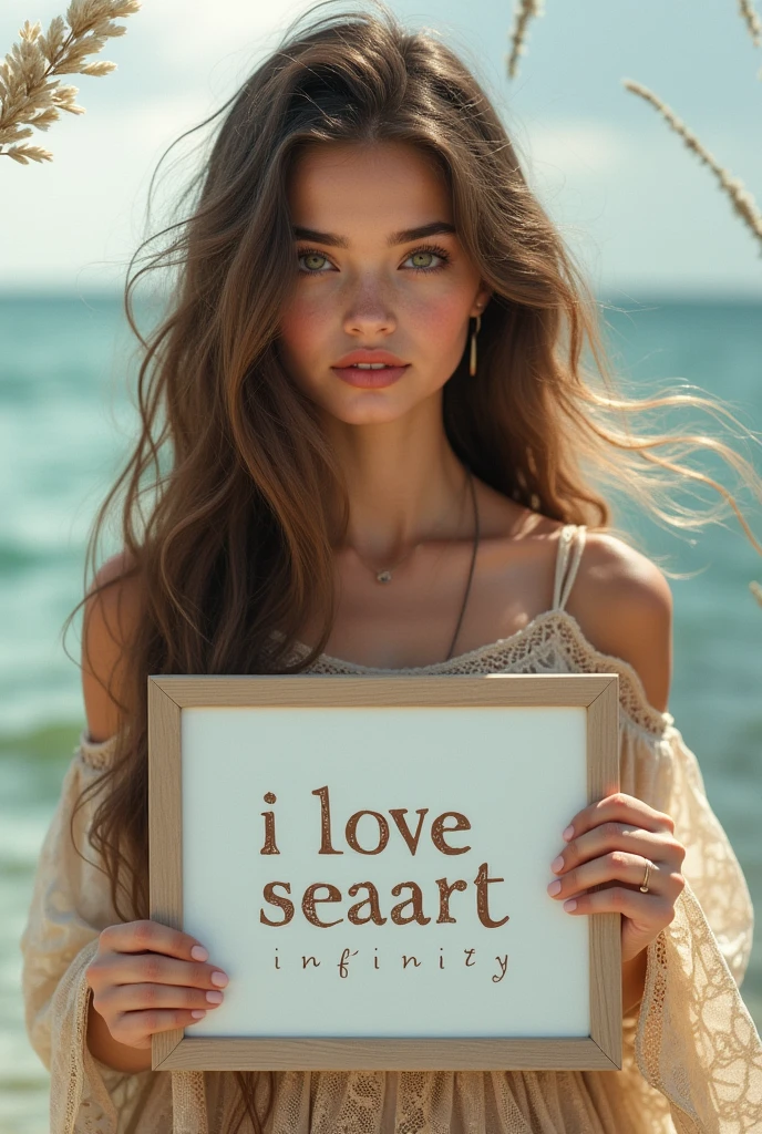 Beautiful girl with wavy long hair, bohemian dress, holding a white board with text "I Love Seaart Infinity" and showing it to the viewer