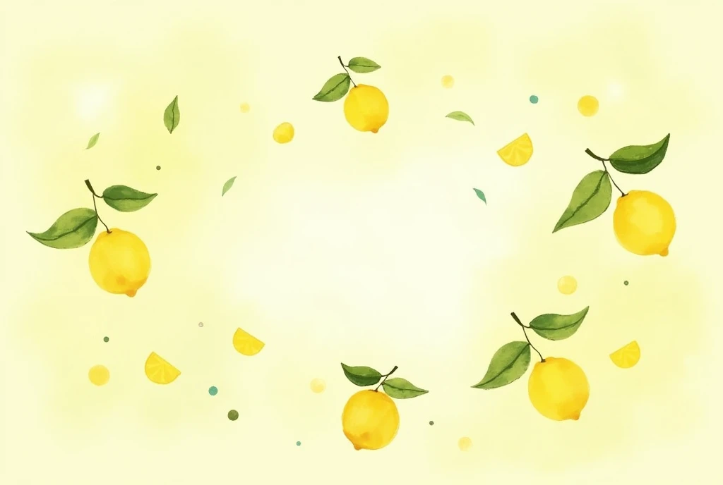 several lemon verbenas and lemons watercolor illustration on a light yellow background.A pastel color palette is used with white space in the middle of the design for writing a title, --ar 3:4 --v 6.1