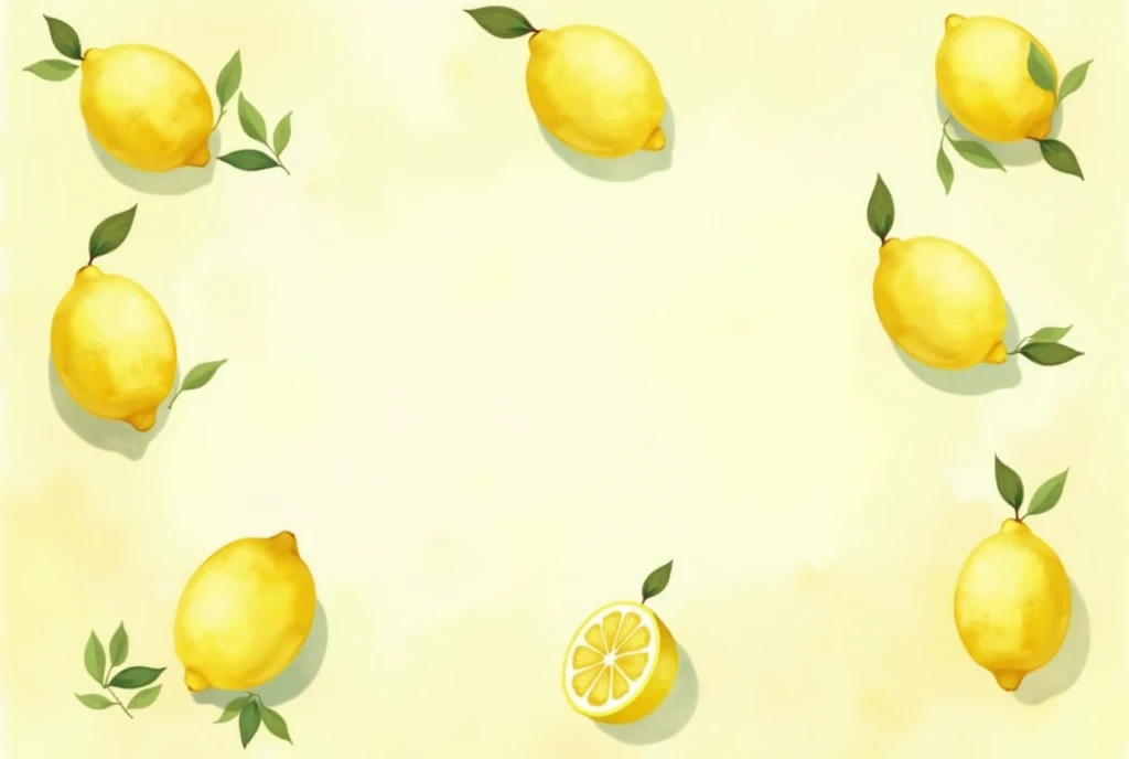 several lemon verbenas and lemons watercolor illustration on a light yellow background.A pastel color palette is used with white space in the middle of the design for writing a title, --ar 3:4 --v 6.1