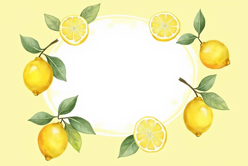 several lemon verbenas and lemons watercolor illustration on a light yellow background.A pastel color palette is used with white space in the middle of the design for writing a title, --ar 3:4 --v 6.1