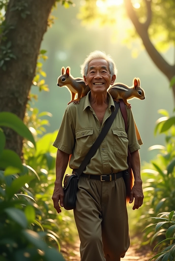 Photorealism 1.2 old Malay male smile wearing tear shirt trousers sling bag walk with squirrels at shoulder at jungle background morning mode sunlight silhouette
