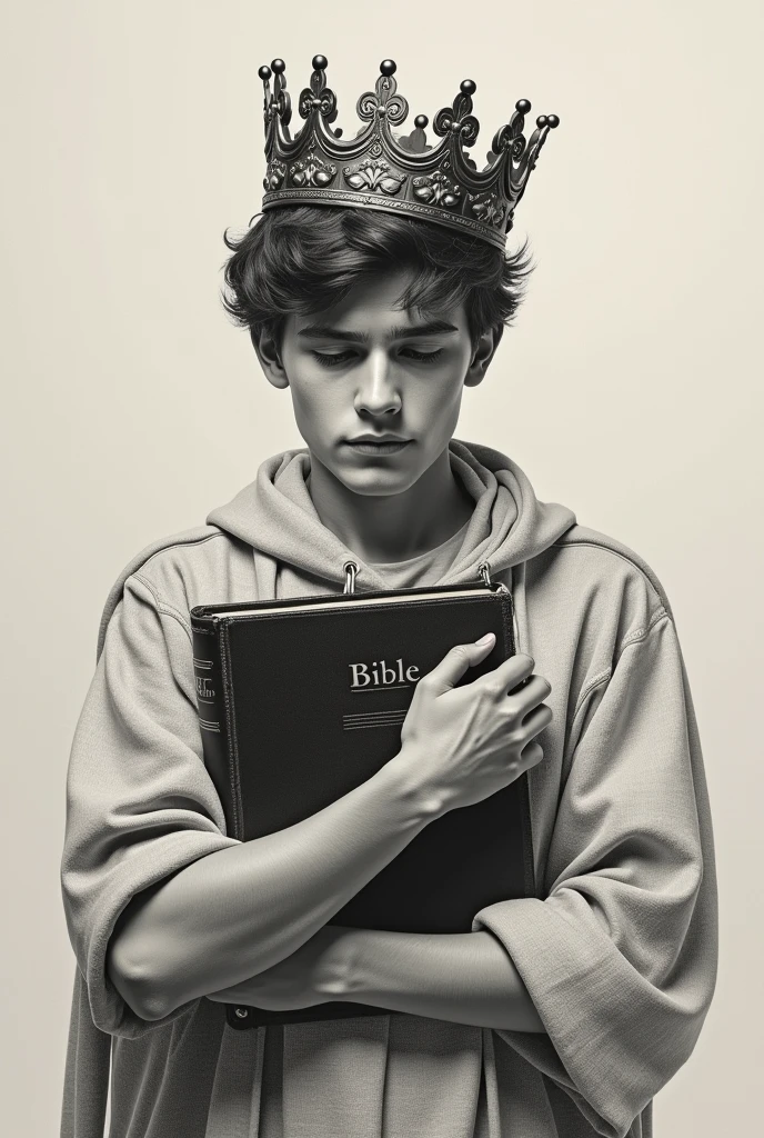A drawing of a young man hugging a bible and with a crown on his head.