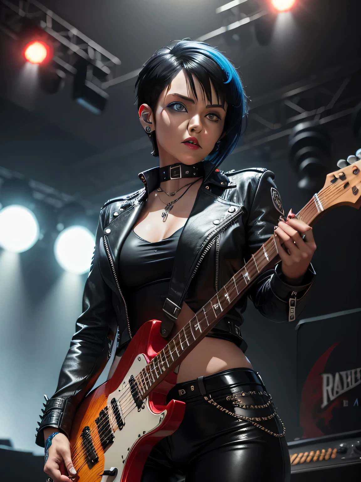 (Realisttic:1.2), analog photo style, (cute Tifa Lockhart, playing guitar), detailed face and eyes, best quality textures, punk style, leather skirt, tattoo on left shoulder, headphones, cinematic lighting, cgi, colored bob hair, perfect anatomy, in concert, hairshakes, great dinamic photo, great quality, Masterpiece, intricate steam body, rock'n'roll aesthetic, 16k quality, analog photo style, RAW photo