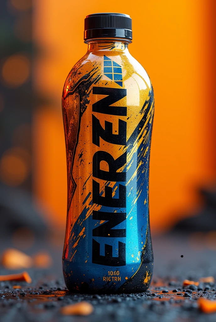 Create an energy drink bottle with the name Enerzen that contains the colors gold, orange, blue and black 