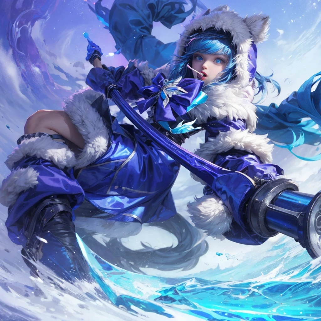 Realistic, High Quality. Russian girl, 1, very beautiful girl. Parka, hood, blue hair, extremely detailed hair. Blue eyes, Big eyes, glowing eyes, detailed eyes. Ribbon, blue and purple outfit. Gloves,holding spear with both hands. Scythe. her mouth is eating lollipop.