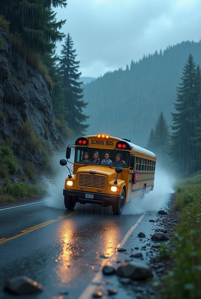 A school bus skidding towards a cliff on a cloudy day, the road was very wet and the scenery is dramatic, in the background of the image you can see distant forests and a gray sky, disney pixar style.