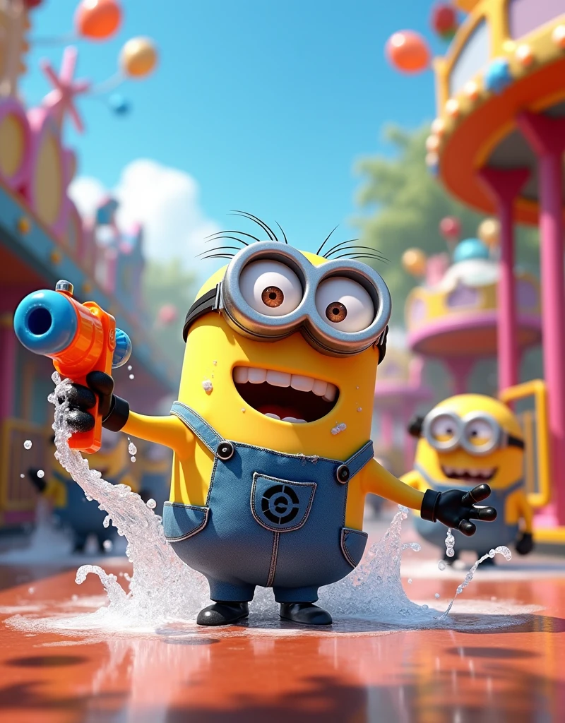 Minion Kevin gets soaked in water gun game. but still laugh heartily. water gun toy hand in hand Amusement park scene 