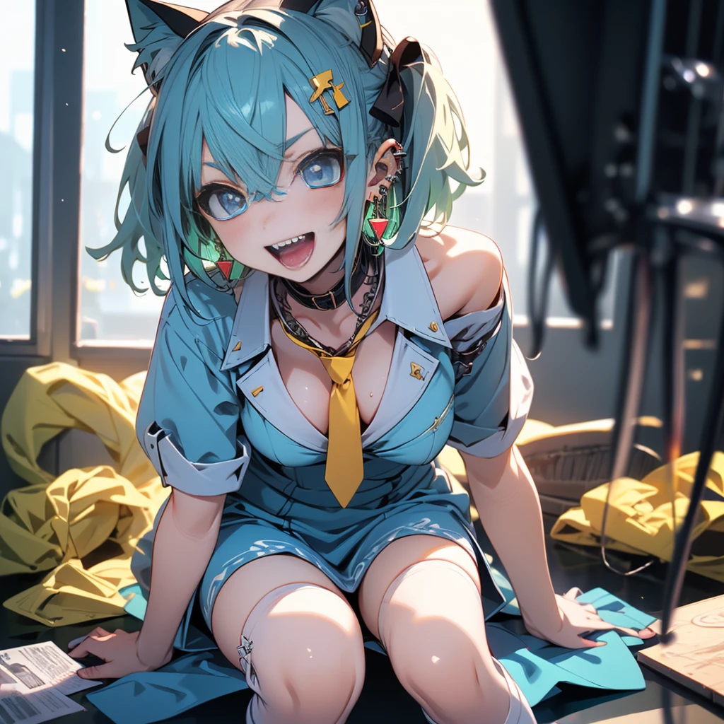 (8k, RAW Photo, Top Quality, Refined Details, Masterpiece: 1.2), (High Resolution 8k Wallpaper), Sharp Focus, Professional Lighting, Depth of Field, Cinematic Lighting, Background Blur, (1Girl:1.2),(small breasts:1.4), smile, whole body, thin tail, (white knee-high socks: 1.4), (green hair: 1.2), (blue dress: 1.4), (yellow tie: 1.4), (boots: 1.2), (White sleeves: 1.2), animal ears, short hair, earrings, cat ears, blue eyes,