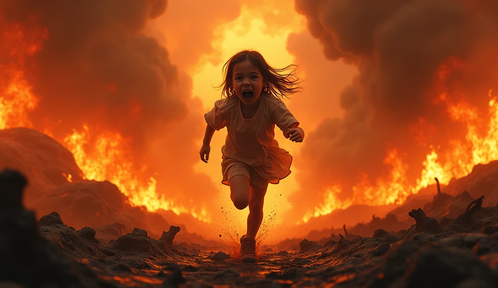 Create an image in which a girl is standing inside fire hell now make the girl run away