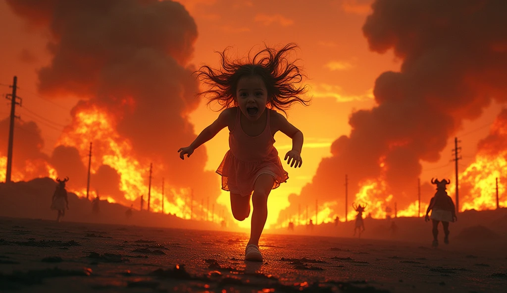 Create an image in which a girl is standing inside fire hell now make the girl run away