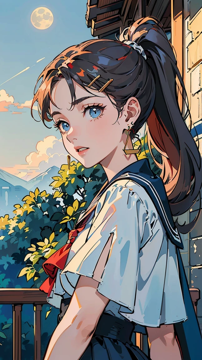 (ポケットTo手を入れる,))(Masterpiece Illustration,beautifully、aesthetic:1.2,空To向かって頭を上げる), Highest quality,Highest quality, Great quality,((((nature,To  ,Outdoor,))))(Blue Moonlight,Moonlight, Divine Light, From below:1.3,))neat face,,mature,Beautiful detailed hair，Redhead，Hyper HD, retina, Textured skin, High resolution, 16K ，((Hair Clip,Swept-back bangs,Half Bangs,High Ponytail,Side Lock,Long Hair，natureな巻き毛,Hair Intake,Updo,Knotted Top)),Detailed face, 1JK, Lady,alone, Perfect Face, Wonderful,((Covered in a thin, translucent cloth,Skin Dentition,High Waist Skirt,Cream blue sailor suit,Big Cape,Metal Earrings,Spiral Earrings)),Rim Light