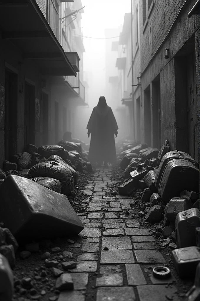 Black and white image, good quality, hyperreal, spectral shadows behind bags. Of garbage in an alley