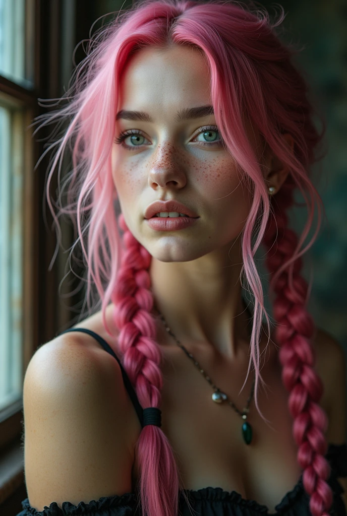 (Realisttic:1.2), analog photo style, Beautiful young woman, posing, with freckles and long pink hair braided, (steampunk dark fantasy atmosphere), soft natural light, cute and sexy, great quality, Masterpiece, detailed strange background, better performance, 16k quality, RAW photo
