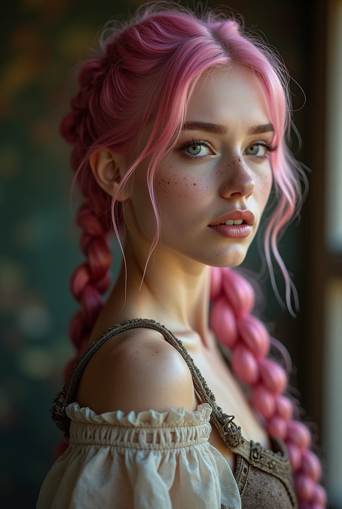 (Realisttic:1.2), analog photo style, Beautiful young woman, posing, with freckles and long pink hair braided, (steampunk dark fantasy atmosphere), soft natural light, cute and sexy, great quality, Masterpiece, detailed strange background, better performance, 16k quality, RAW photo