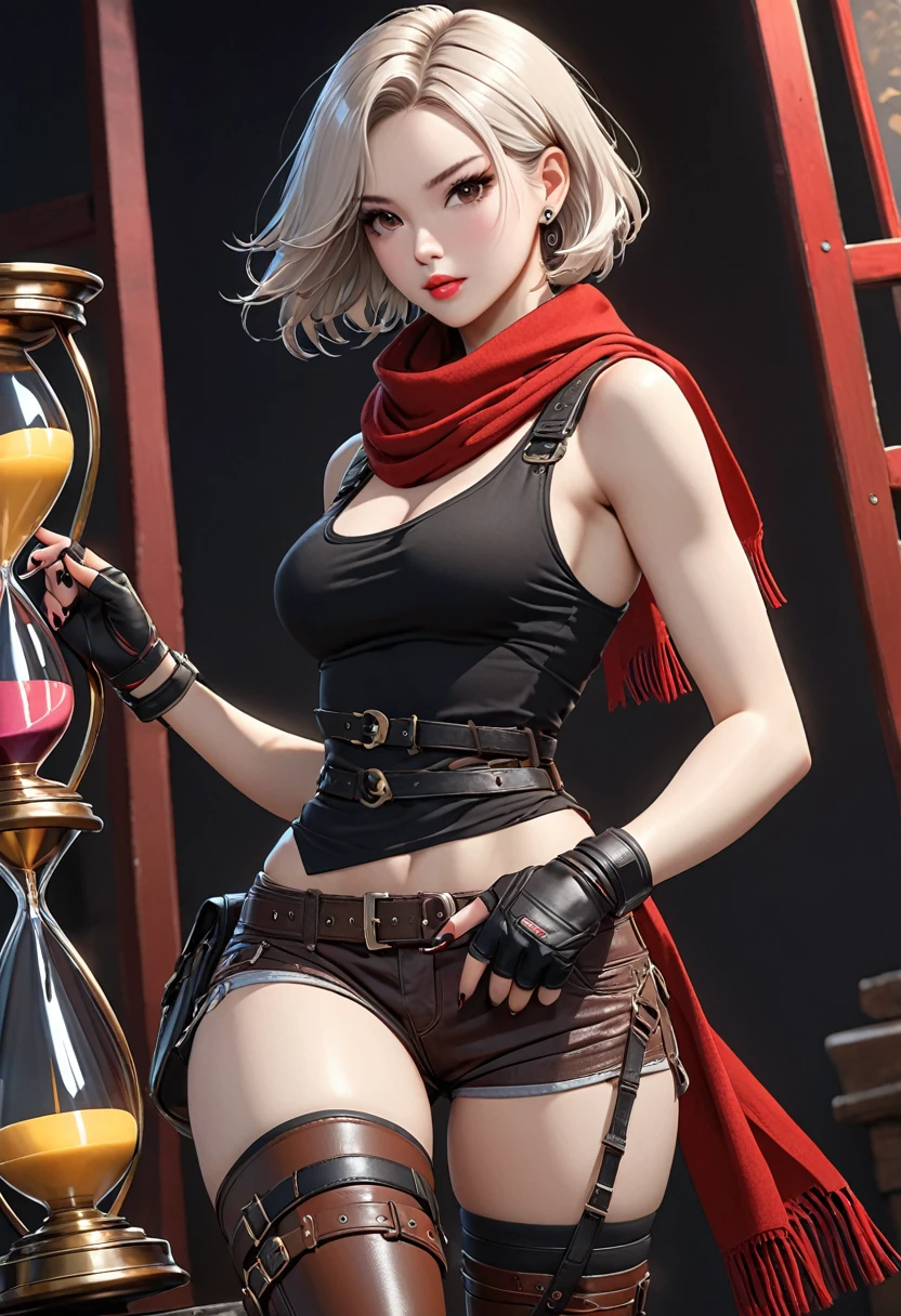((best quality)), ((artwork)), ((extremely detailed face)), ((perfect lighting)), ((extremely detailed CG)), ((perfect hands, perfect anatomy)) ((best quality)), ((artwork)), ((extremely detailed face)), ((perfect lighting)), ((extremely detailed CG)), ((perfect hands, perfect anatomy)) [Appearance= 20 y.o; 5'8” tall; short, straight, black bob hair; brown eyes, pale skin, plump lips, slightly muscular, diamond face, hourglass body, dark painted nails
Personality= ISTP, femme fatale
Reputation= great professional
Occupation= assassin
Clothing= short shorts, tank-top, thigh high boots, fingerless gloves, harness, scarf]