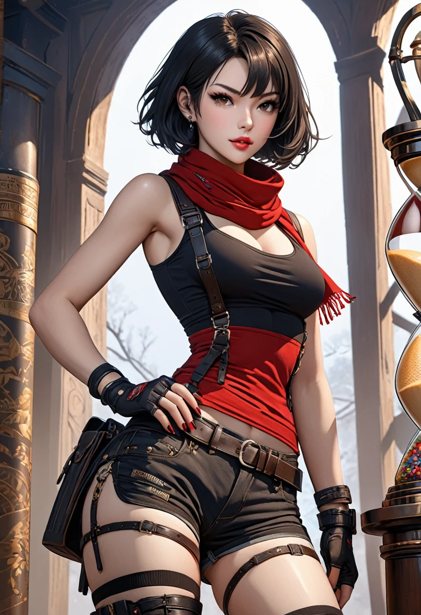 ((best quality)), ((artwork)), ((extremely detailed face)), ((perfect lighting)), ((extremely detailed CG)), ((perfect hands, perfect ???????)) ((best quality)), ((artwork)), ((extremely detailed face)), ((perfect lighting)), ((extremely detailed CG)), ((perfect hands, perfect ???????)) [Appearance= 20 y.o; 5'8” tall; short, straight, black bob hair; brown eyes, pale skin, plump lips, slightly muscular, diamond face, hourglass body, dark painted nails
Personality= ISTP, femme fatale
Reputation= great professional
Occupation= assassin
Clothing= short shorts, tank-top, thigh high boots, fingerless gloves, harness, scarf]