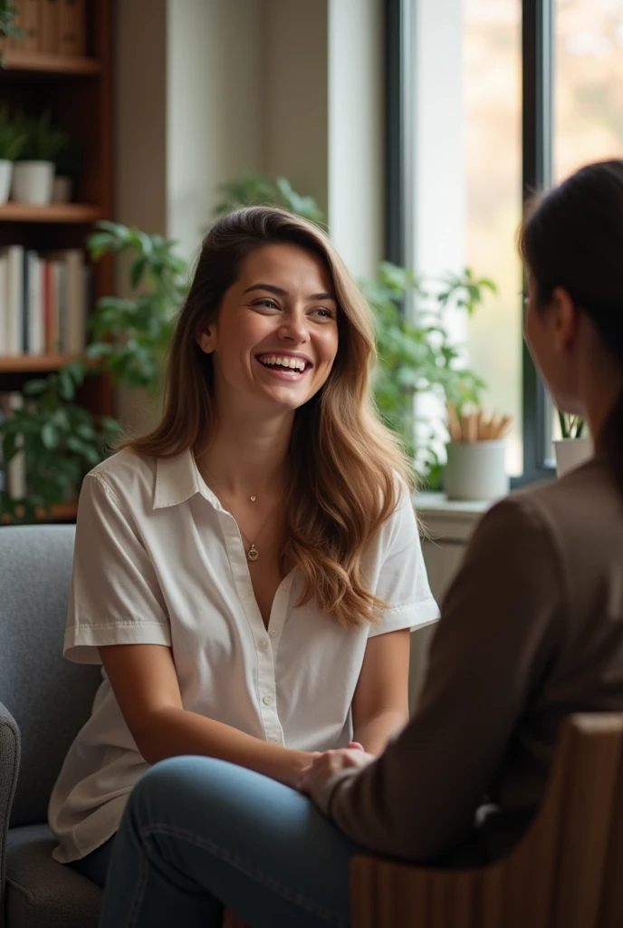 Happy patient in therapy session facing his psychologist