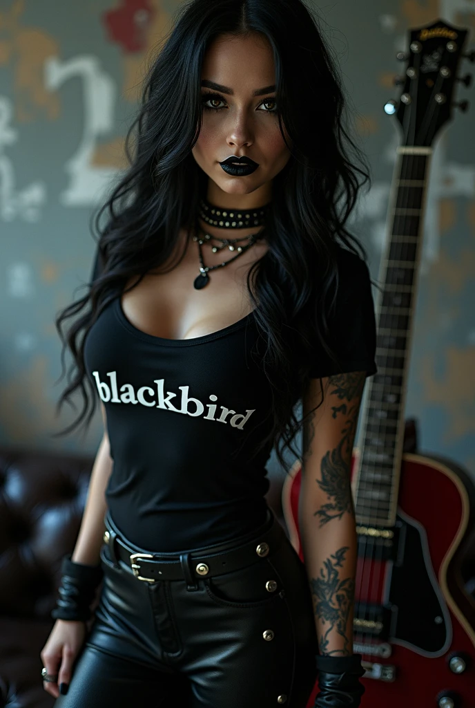 Black lipstick beautiful, full body, gothic, rocker, wearing a t-shirt with the text "Blackbird", leather boots, an electric guitar behind her, HD, super realistic, photography, Canon Rebel, nice pretty body, gothic outfit, rockstar feel, cleavage