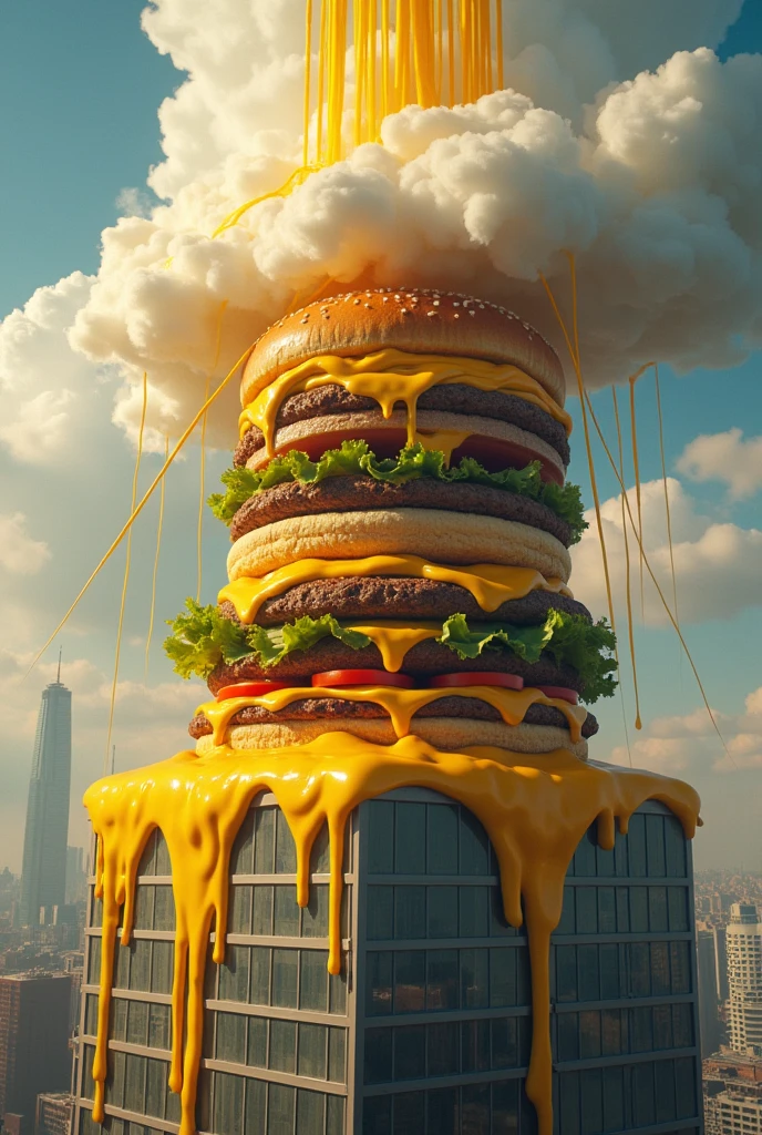 Picture of a huge burger on top of a building and the sky is raining cheese