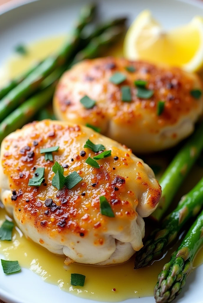 Create an image of this recipe: Lemon Chicken with Asparagus Ingredients:
- Chicken breast: 200 g - Asparagus: 150 g - Lemon: 1 unit - Garlic: 10 g - Olive oil: 15 ml
- Sal: 5 g - Pepper: 2 g Preparation:
1. Cut the chicken breast into pieces and season with salt and pepper..
2. Heat the olive oil in a frying pan and cook the chicken until golden and cooked through..
3. Add the minced garlic and cook for 1 minute..
4. Add the asparagus and cook until tender..
5. Squeeze lemon juice over chicken and asparagus before serving..