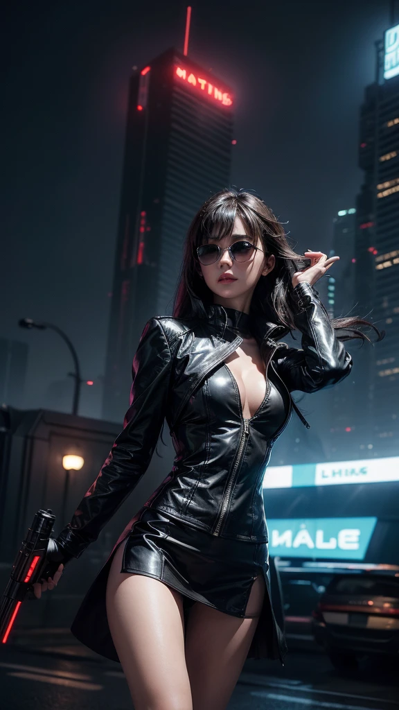 (Wide angle view). Blade Runner style futuristic city, simple outlined neon buildings, glowing giant clock tower, flying cars, lightning, 3d rendering Beeple. At night, (1girl, solo, alone), photorealistic, medium-breast slim:0.6 body, oval:0.5 face, cleavage:1.1, sexy black laced bra, deep-V, (low angle view of miniskirt), white laced panty, coat, (Matrix style black micro sunglasses), ((aiming with a short gun)), (slightly leaning forward running pose), (half-body thigh level close-up shot), cinematic lighting, ray tracing.