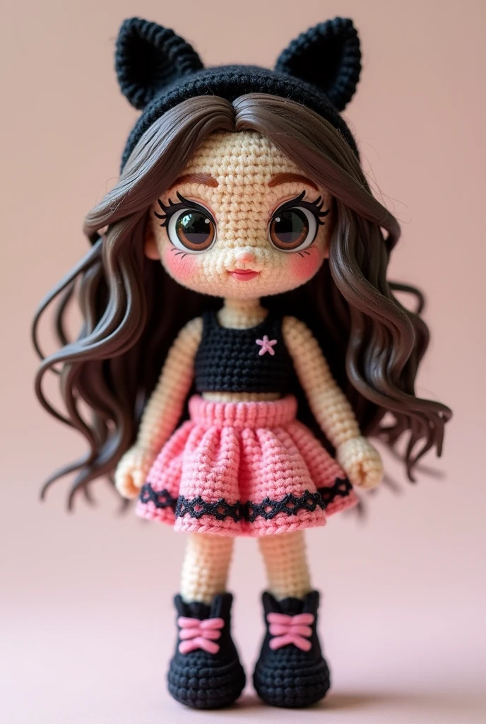 An amigurumi, chibi-style, Jennie from Blackpink, with her signature long, wavy dark brown hair styled in loose waves, cascading down her back. She’s wearing a sleek black crop top with pink accents paired with a high-waisted pink skirt that has black lace trim. On her head, she wears a cute black cat ear headband. She stands confidently, wearing black ankle boots with pink laces, exuding a chic and powerful vibe.