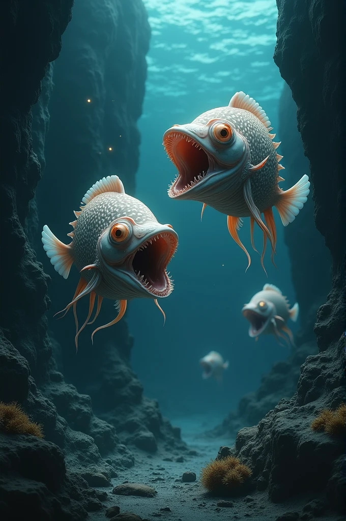 :
"Create an image or video that shows marine creatures adapted to the extreme conditions of the trench, such as the goalkeeper fish and the pearl clam. Include details such as the unique appearance of these creatures., their specific adaptations to survive in deep, dark environments, and any notable features that help them live in the deep ocean."