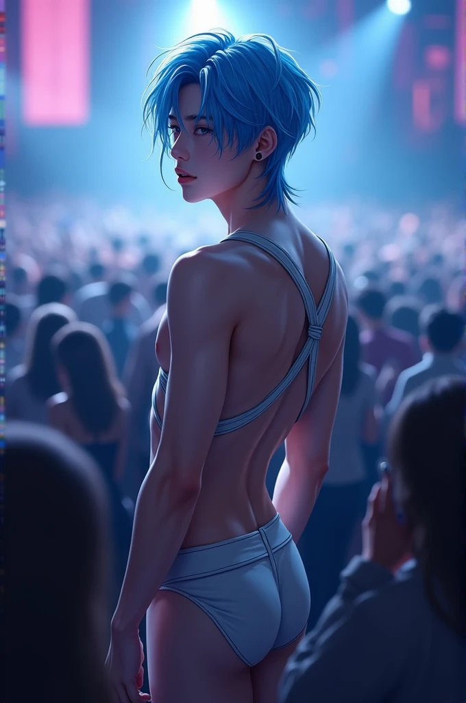 score_9, score_8_up, score_7_up, source_manhwa boy, best quality, clean face, Lee Ho-seok, boy, blue hair with white streaks, blue eyes, long hair, big chest, perfect body, looking at the viewer, ahegao expression, transparent underwear, provocative clothing, in a crowded concert hall, standing, acoustic angle, from behind, big ass, low angle, kpop ear microphone