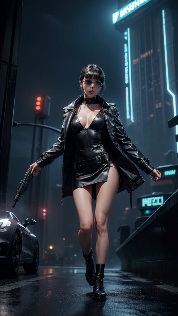 (Wide angle view). Blade Runner style futuristic city, simple outlined neon buildings, glowing giant clock tower, flying cars, lightning, 3d rendering Beeple. At night, (1girl, solo, alone), photorealistic, medium-breast slim:0.6 body, oval:0.5 face, cleavage:1.1, sexy black laced bra, deep-V, (low angle view of miniskirt), white laced panty, coat, (Matrix style black micro sunglasses), ((aiming with a short gun)), (slightly leaning forward running pose), (half-body thigh level close-up shot), cinematic lighting, ray tracing.