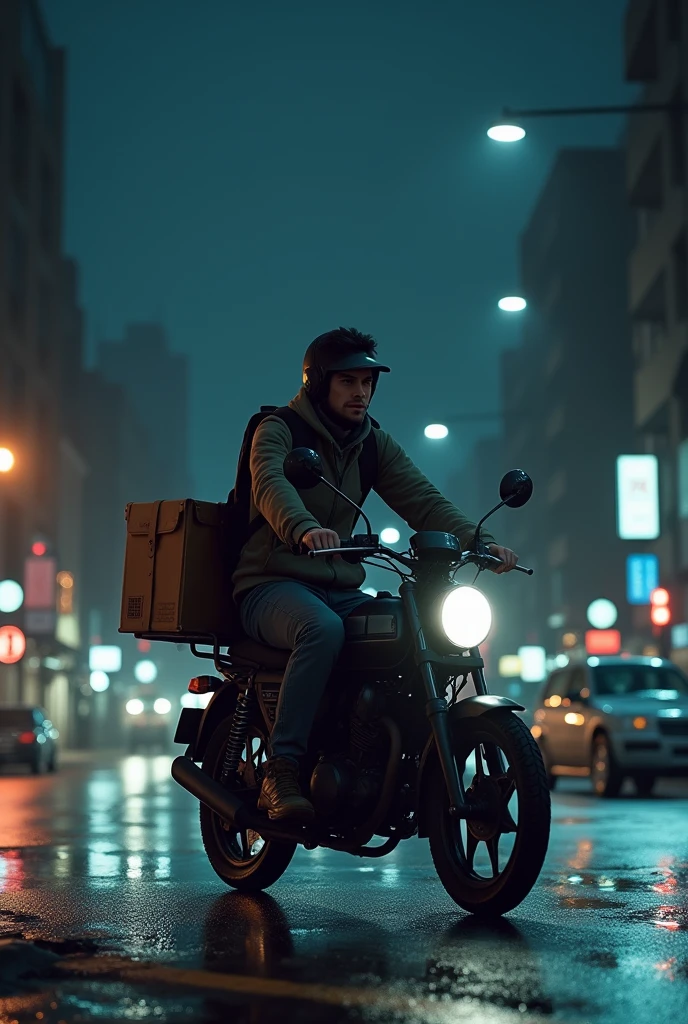 A delivery boy in bike in night