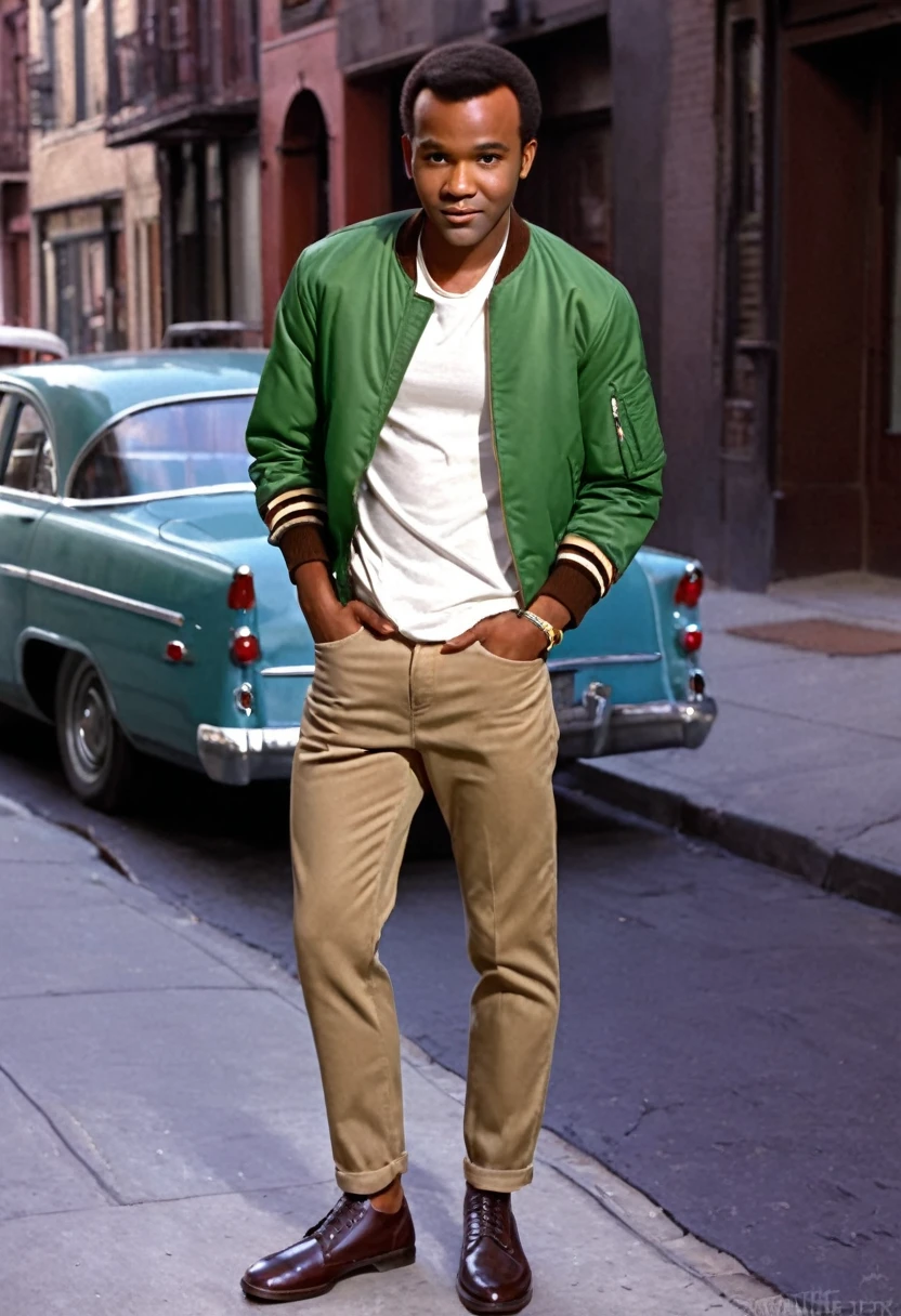 Full body portrait of a 2 African-American man with very very very short low short short 50s-60s African-American hair, very low hair nice and neat with resemblance to Donald Glover with Sidney Poitier’s hairstyle young , light brown jeans. looking and Shaved face with short, light brown pants medium 50s-60s African-American hair and handsome looking in the West Side Story universe, clean-shaven face, no shirt , skinny and lean but good looking light brown jeans, vibrant and colorful, high resolution, realistic, retro aesthetic, detailed facial features, 1950s style, urban street setting, warm and nostalgic lighting, professional, character concept art, detailed clothing and expression, vibrant colors, city ambiance very low short 60s-70s African-American , cleaned shaved face short hair , whit shirt, shoes, Duke puff hairstyle, neat lined up African hair, 60s bomber jacket. Side burns and flat tops , low hair low short hair wearing light colored khaki pants and also brown bombee jacket and white t shirt and low very very very low sshort hair