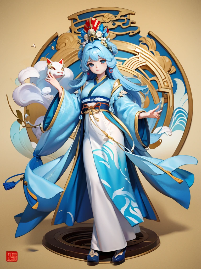 A woman in a blue and white dress with flowers in her hair, Hanfu, palace, girl in Hanfu, blue Hanfu, white Hanfu, Wearing ancient Chinese costumes, ((Beautiful fantasy queen)), ancient Chinese Princess, Chinese style, Chinese traditional clothing, Ancient Chinese Clothing, Beautiful fantasy queen, Chinese Princess, Traditional beauty,