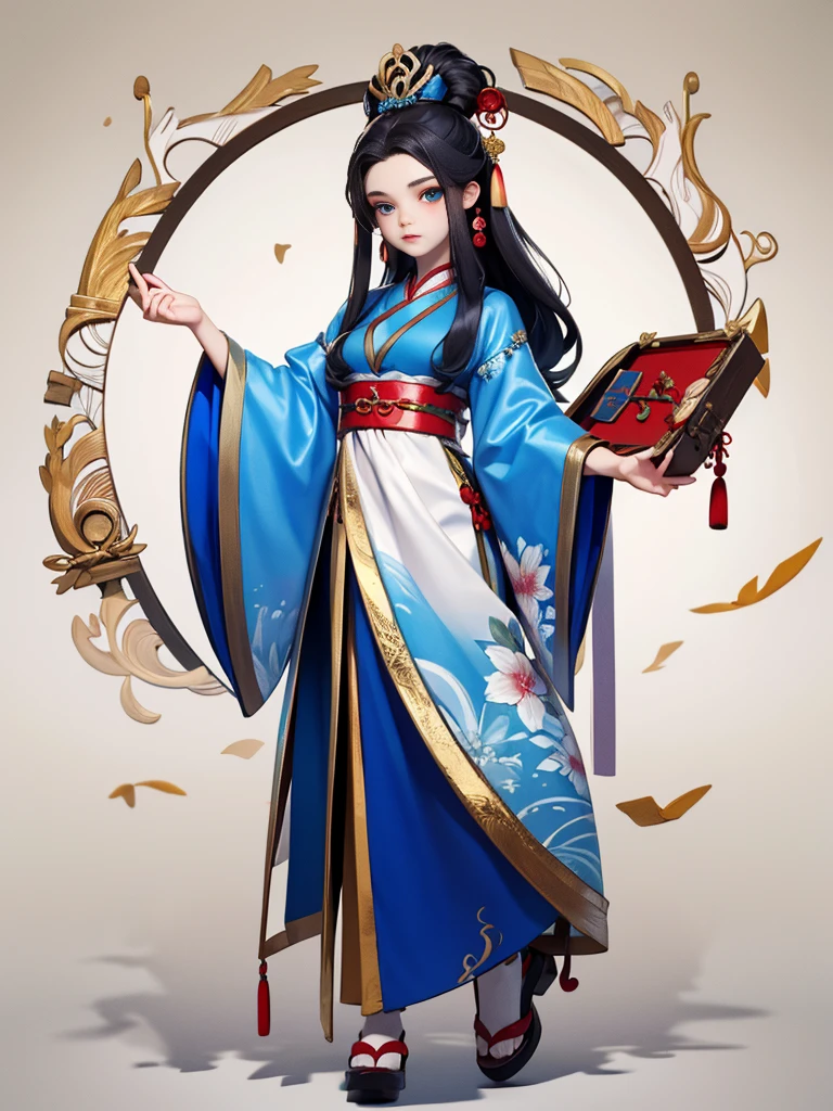 A woman in a blue and white dress with flowers in her hair, Hanfu, palace, girl in Hanfu, blue Hanfu, white Hanfu, Wearing ancient Chinese costumes, ((Beautiful fantasy queen)), ancient Chinese Princess, Chinese style, Chinese traditional clothing, Ancient Chinese Clothing, Beautiful fantasy queen, Chinese Princess, Traditional beauty,