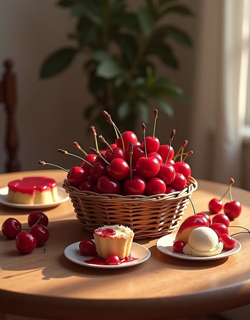 photo realism (1.2). On a table in a basket fresh cherries and desserts and cherry ice cream
