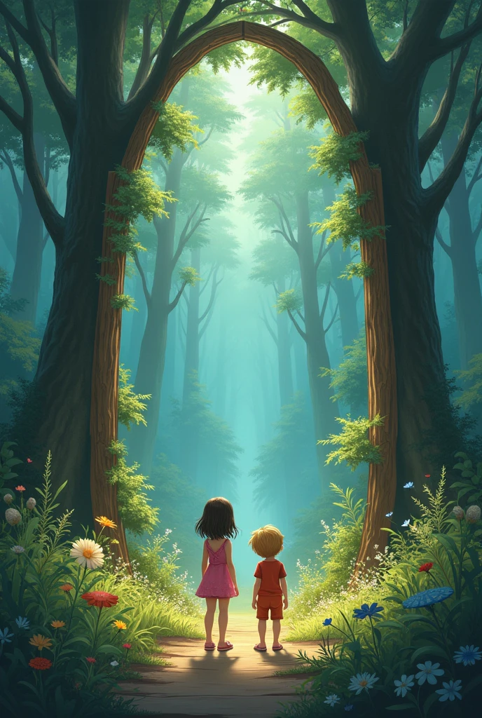 The Forest of Dreams In a corner of the world, surrounded by mysterious mountains and rivers that seemed to sing, The Forest of Dreams was located, a place shrouded in legends. It was said that this forest had the power to reveal the deepest secrets and that only those who passed its tests could understand its true meaning..
clara, Louis and Anna, three inseparable friends, They were determined to explore this magical forest, armed with their curiosity and courage, They went into the forest, Not knowing that each step brought them closer to a challenge that would change their lives and the lives of everyone in their community..
Make me two girls and a boy And make it look like a forest of a dream And make the children not look so small