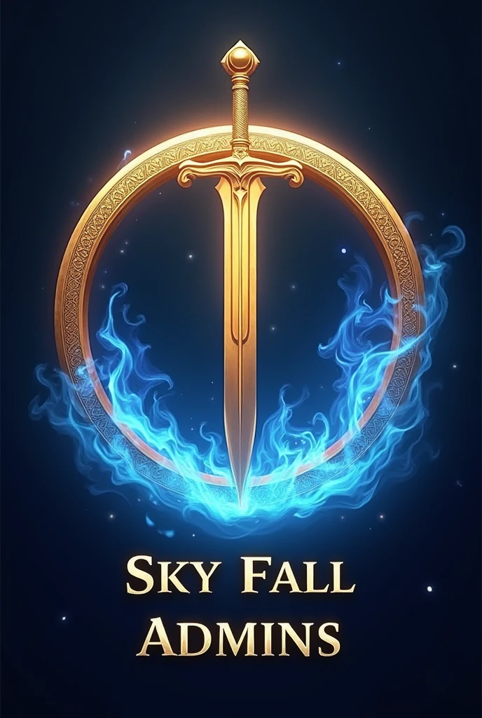 A golden circle with blue fire with. A sword in the middle that says sky fall admins below the circle and is gold with a dark blue background