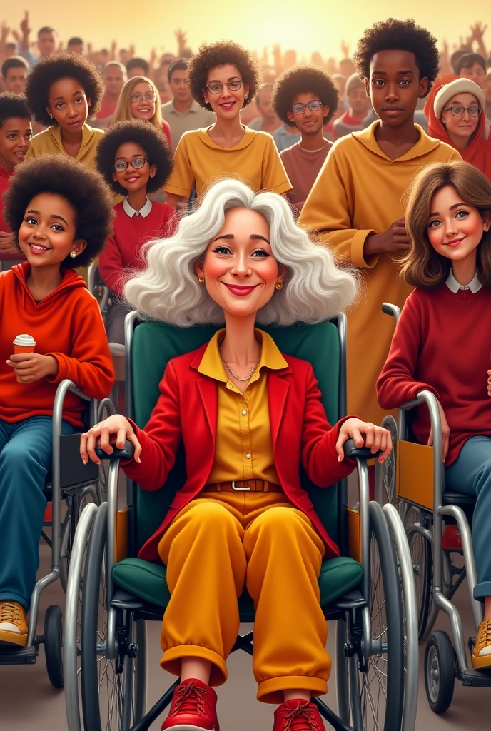 Caricature photo of a white woman with brown eyes in red and yellow clothes and fair hair in a wheelchair with a crowd of normal and disabled people in wheelchairs and visually impaired people dressed in yellow and red behind her. Good afternoon..
Do you know any matrix printing?? plaques with the name Vi Rocha 40.222 with the color red