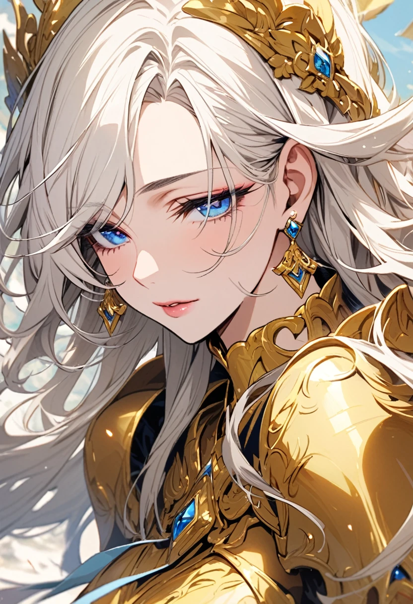 female, mature, half eyes, white hair, long hair, blue eyes, diamond earings, golden armor, angel, beautiful color, beautiful eyes