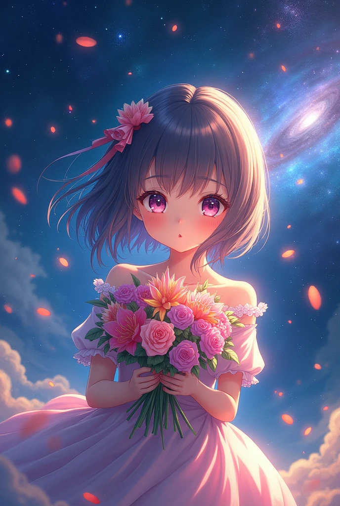 Drawing anime holding flowers,The surrounding context is the universe.