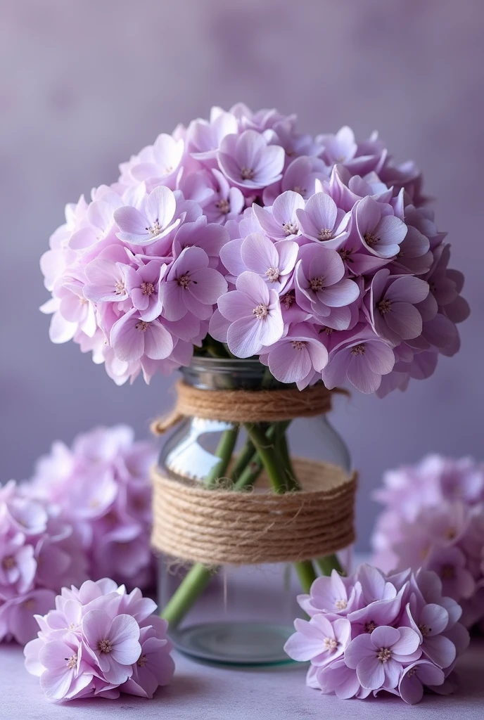 This image is、Shows a stylish glass jar with beautifully decorated purple hydrangea flowers。The bottle is wrapped with hemp string.、It creates a natural atmosphere。The flowers are pale purple、Some flowers are open。There are lots of flowers around the toilet.。The background is a faint purple, mysterious color.。
The bottle is short。