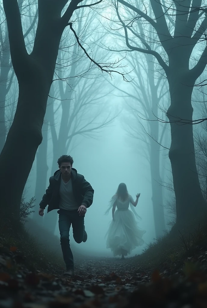 A young man was running with a scared face behind the dense foggy forest and there was a woman dressed in white waving her hand calling from behind