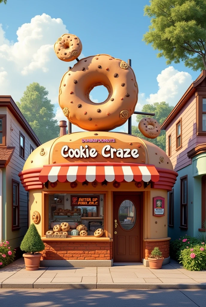 Give me exterior design like Dunkin' donut but not totally dunking donut and the name of shot is cookie craze and the shop is small
