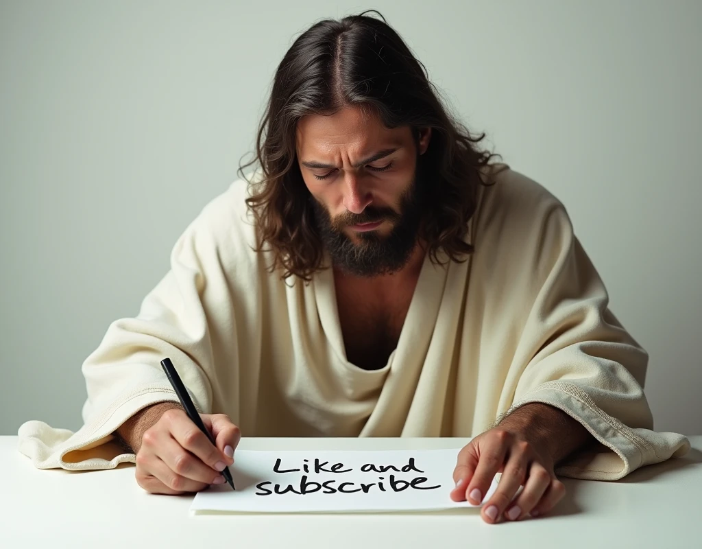 We want this image of Jesus who has written like and subscribe on a white colored plastic with his own hands Jesus is clothed with his own hands and is weeping and has tears in his eyes