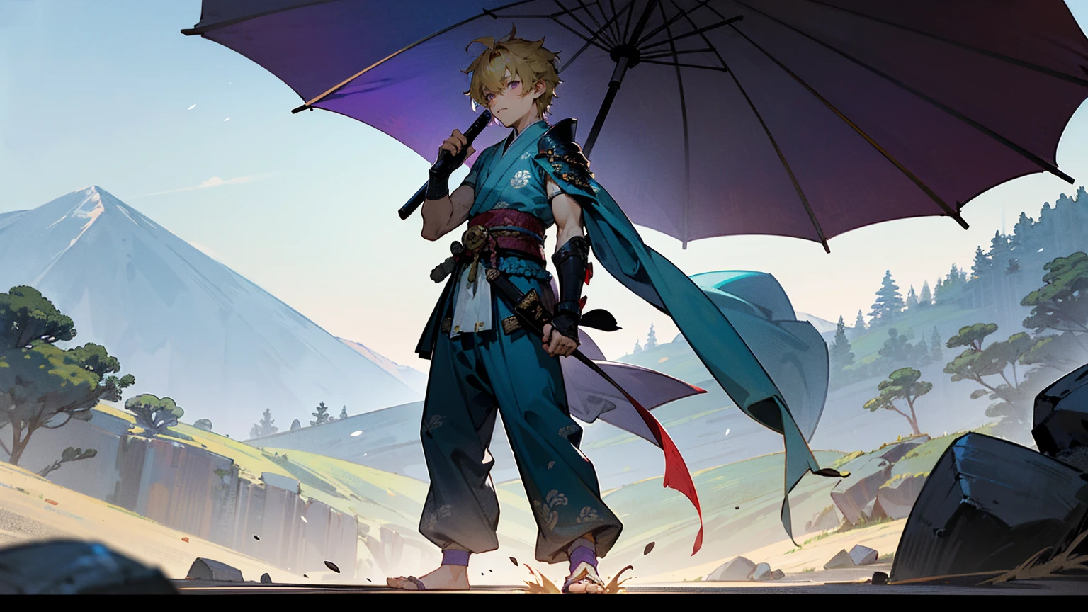 1male,Adult Male , Messy Pale Blue Hair ,Yellow Highlighted Hair, Purple Eyes , Samurai Armor-piece Armguard On One Arm , Fitted Yukata , Baggy Grey Pants ,Dragon Scale Print Loin Cloth, Standing at the foot of a mountain , Light Rain