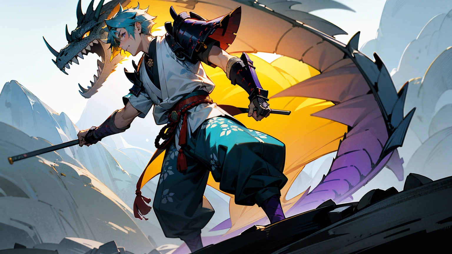 1male,Adult Male , Messy Pale Blue Hair ,Yellow Highlighted Hair, Purple Eyes , Samurai Armor-piece Armguard On One Arm , Fitted Yukata , Baggy Grey Pants ,Dragon Scale Print Loin Cloth, Standing at the foot of a mountain , Light Rain