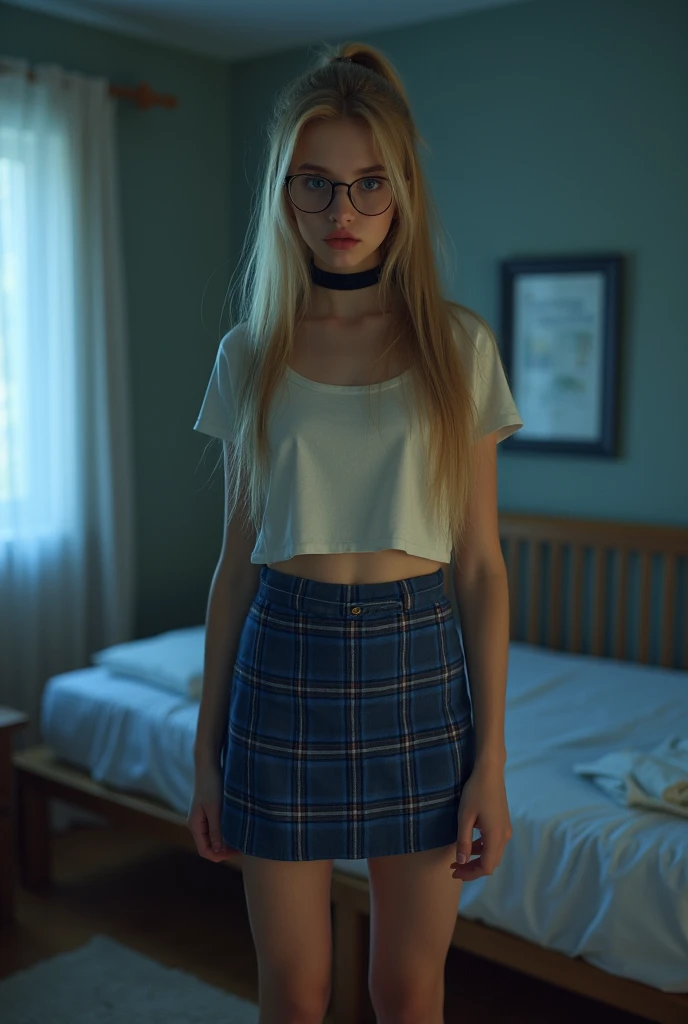 mid school, ultra realism, photorealistic, beautiful sexy little ten Russian school girl, thin, long blonde hair, blue eyes, nice bottom, nice bottom, big red lips, dressing like a whore, tiny short blue plaid skirt, scared, nice legs, nice bottom, standing on bedroom at night, ultra realistic, wearing glasses, wearing cropped top, fit, pony tail, ful body image