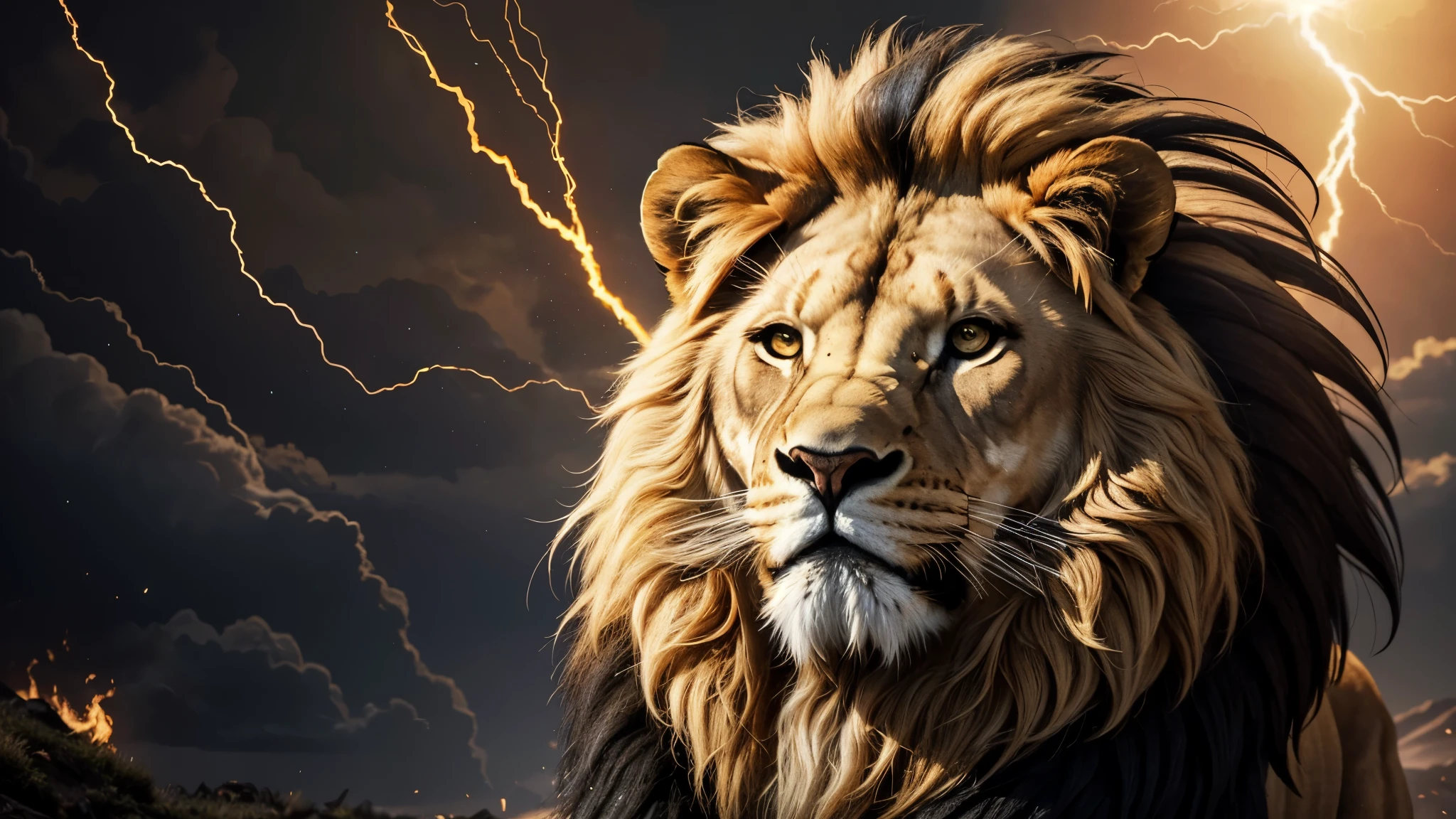 Lion, Divine Lion, naturals, naturals, ferocious, masculine, mighty, golden lion, Powerful Lion, beautiful nature, Great Realistic Lion, FullHD 8k, Light of sky, twilight, ferocious, Criatura ferocious, furious lion, Detailed Realistic Lion, Ultra Realistic HD Light, Photorealistic Detailed Shadows, UltraHD Photorealistic Definition, sunset night, Clear sky Sun, golden black, black andwhite, black and gold, detailed realistic face, 8k Detailed Realistic White Lion, ultrarealistic 8k |Energia de thunder realista detalhada, Strong Creature realista detalhada, Strong Creature, Lion macho, Rendering, Fotorrealista 8k, UltraHD Alta definição 8k, Detailed Realistic 16k, Nitidez Fotorrealista 8k, 16K photorealistic textures, Contraste Fotorrealista 8k, Sombras Fotorrealistas 8k, Luzes Fotorrealistas 8k, Detailed Realistic Sunset, Detailed Realistic Lion Face, Detailed realistic light, detailed textures, thunder, detailed shadows, detailed colors, Celestial Electricity, Golden thunder, Lion realista, Ultra Realistic 16k, Realistic 16k, Realistic 16k sharpness, 16K photorealistic textures, 16K realistic colors, powerful creature, Majestic power, Power of Heaven, Great Divine, detailed contrast, realistic contrast, high resolution, detailed colors, fire, villany, divine creature, 8k, realistic detailed, 16K, 8k, High definition, detailed contrast, realistic contrast, high resolution, detailed colors, fire, villany, divine creature, realistic detailed, posh, chic