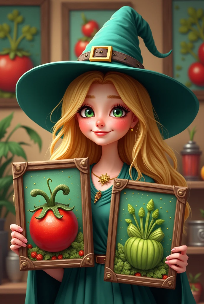 Cheerful Blonde Witch with Vegetable Portrait Paintings in Her Hands
