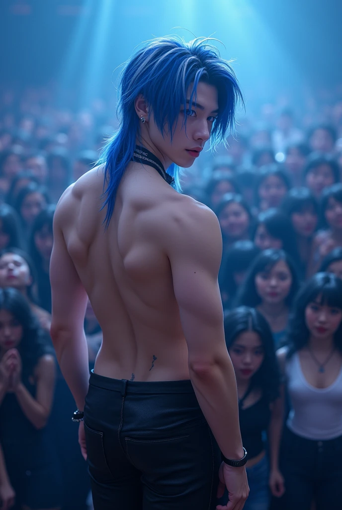 score_9, score_8_up, score_7_up, source_manhwa boy, best quality, clean face, Lee Ho-seok, boy, blue hair with white streaks, blue eyes, long hair, big chest, perfect body, looking at the viewer, ahegao expression, transparent underwear, provocative clothing, in a crowded concert hall, standing, acoustic angle, from behind, big ass, low angle, kpop ear microphone