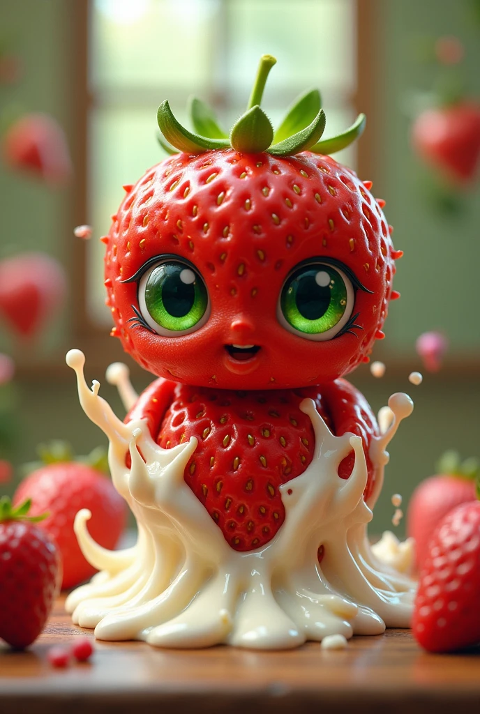 Green-eyed humanoid strawberry with animated cream